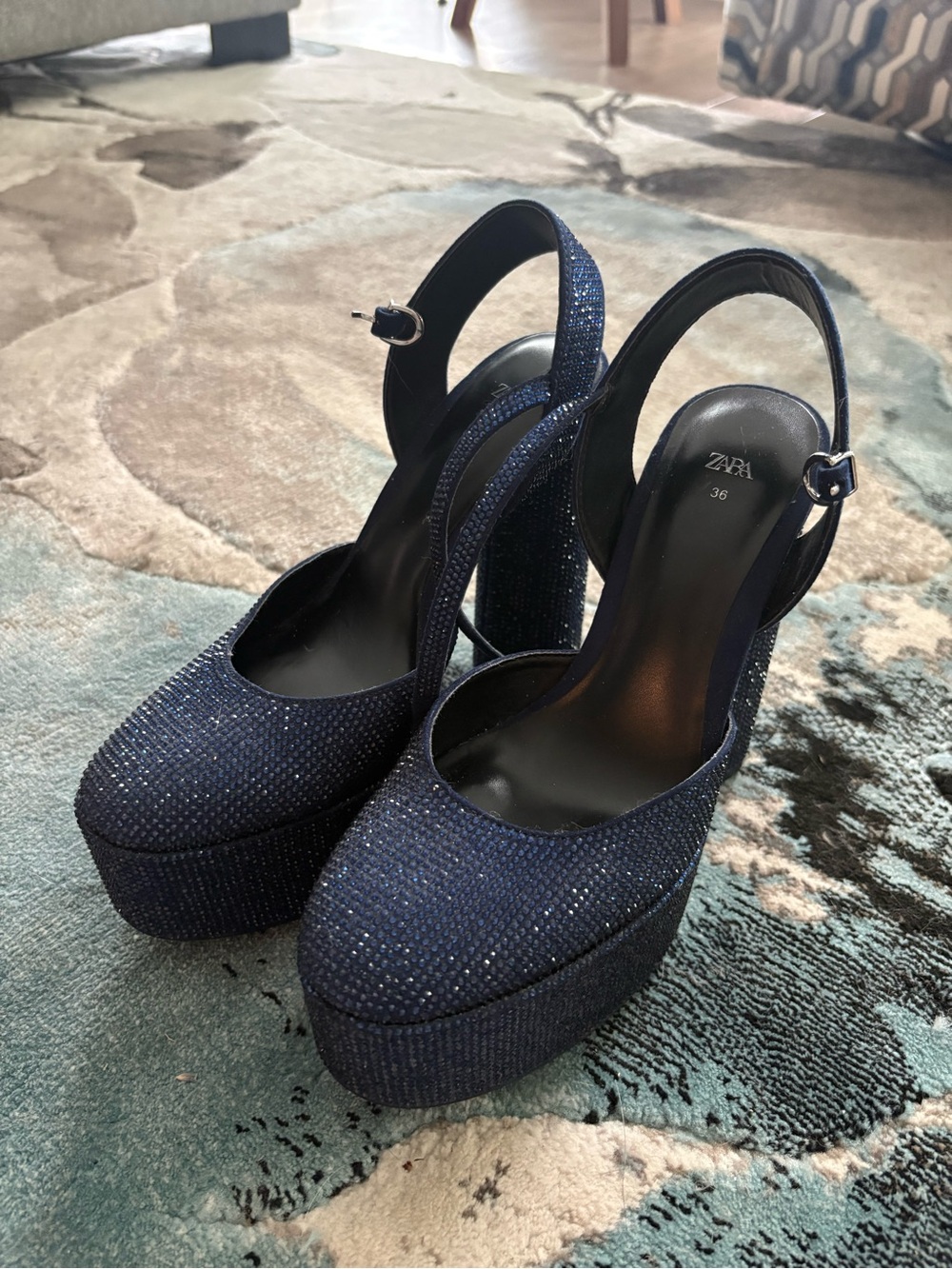 Zara Sparkling Navy Platform Slingback Heels